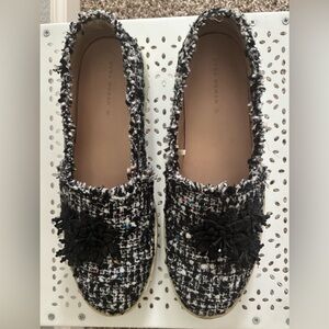 Zara Tweed & Sequin Floral Slip-On Sneakers – Black/White – Size 38